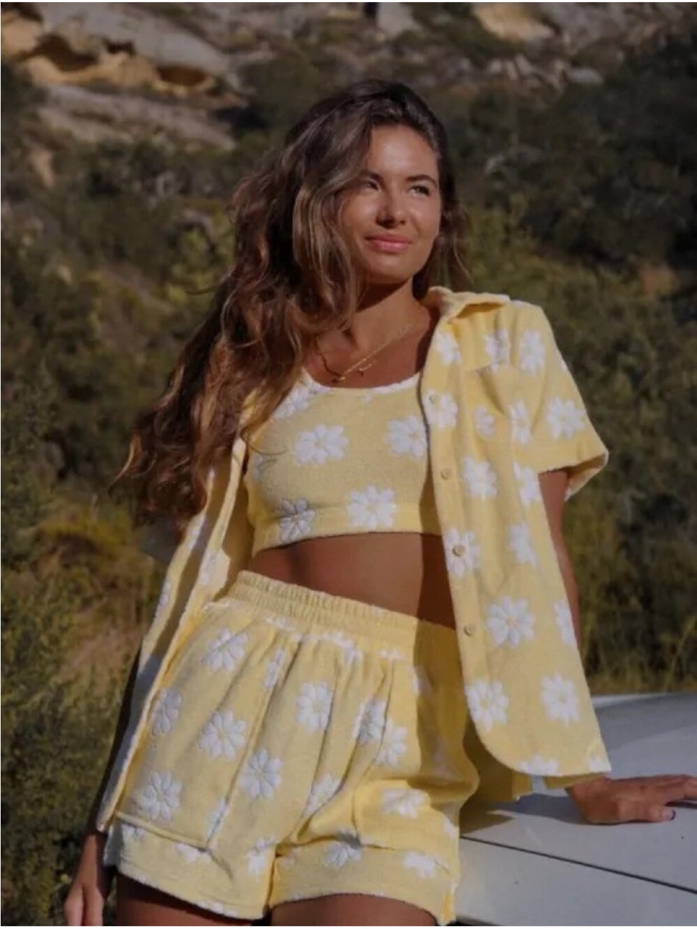 Yllw the Label SALTY TERRY THREE-PIECE SET — OOPS-A-DAISY PRINT yellow